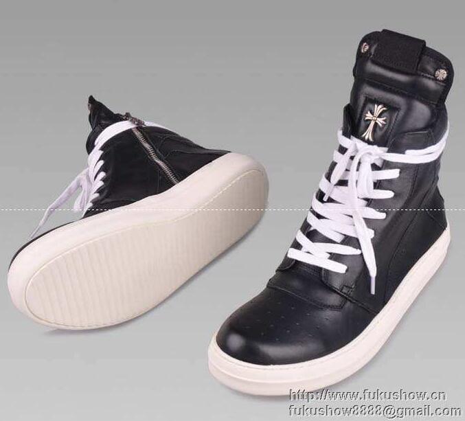 激安大特価大人気 クロム ハーツ 偽物 スニーカー CHROME HEARTS ハイカット スニーカー レザー 2017 靴 ブラック シューズ 本革